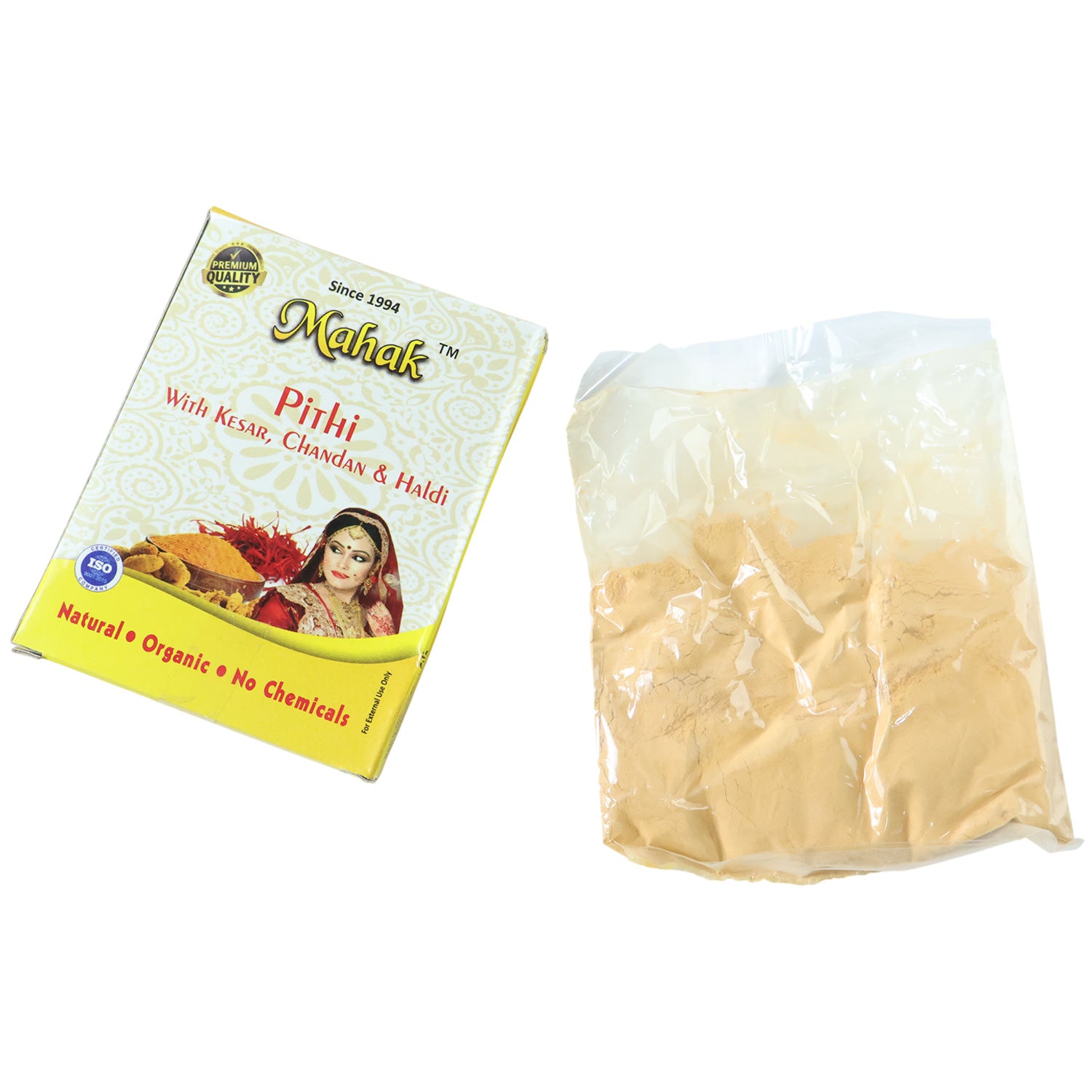 Traditional Wukusy Mahak Pithi for face and body, 40g, displayed in a small, white container with a smooth, powdery texture.
