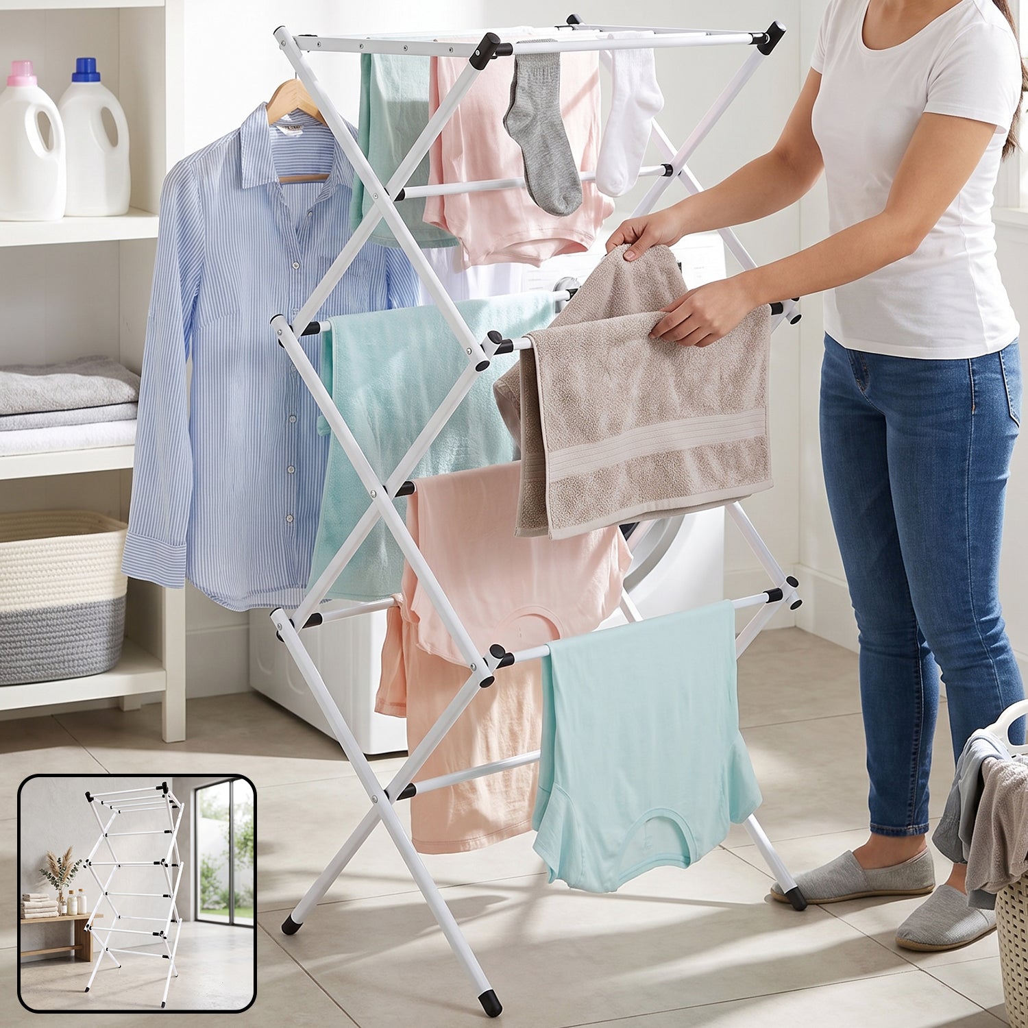 Wukusy metal foldable clothes drying rack with 3 tiers, portable laundry stand for indoor and outdoor use, multiple drying bars