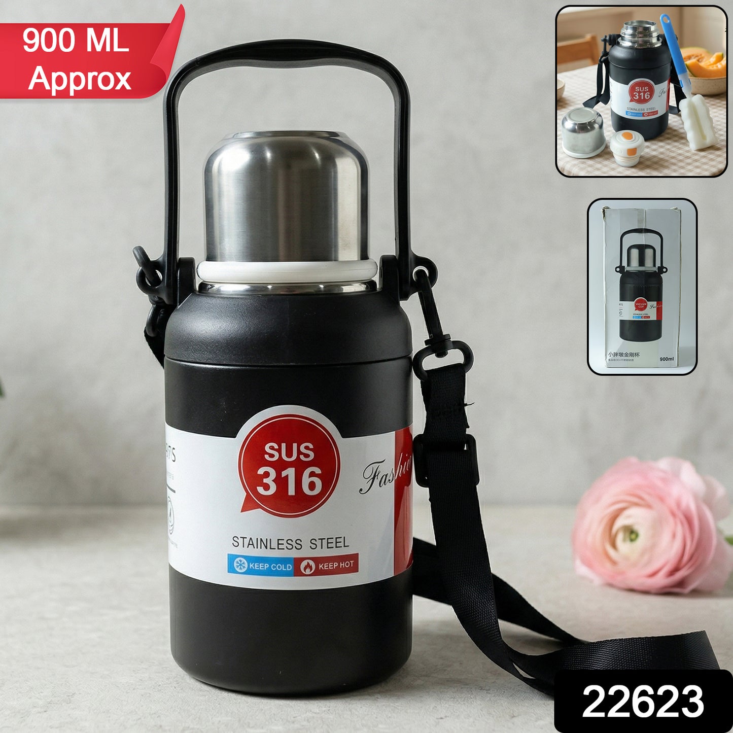 Wukusy premium stainless steel vacuum-insulated bottle with handle, 900ml capacity, featuring a sleek design and secure lid.
