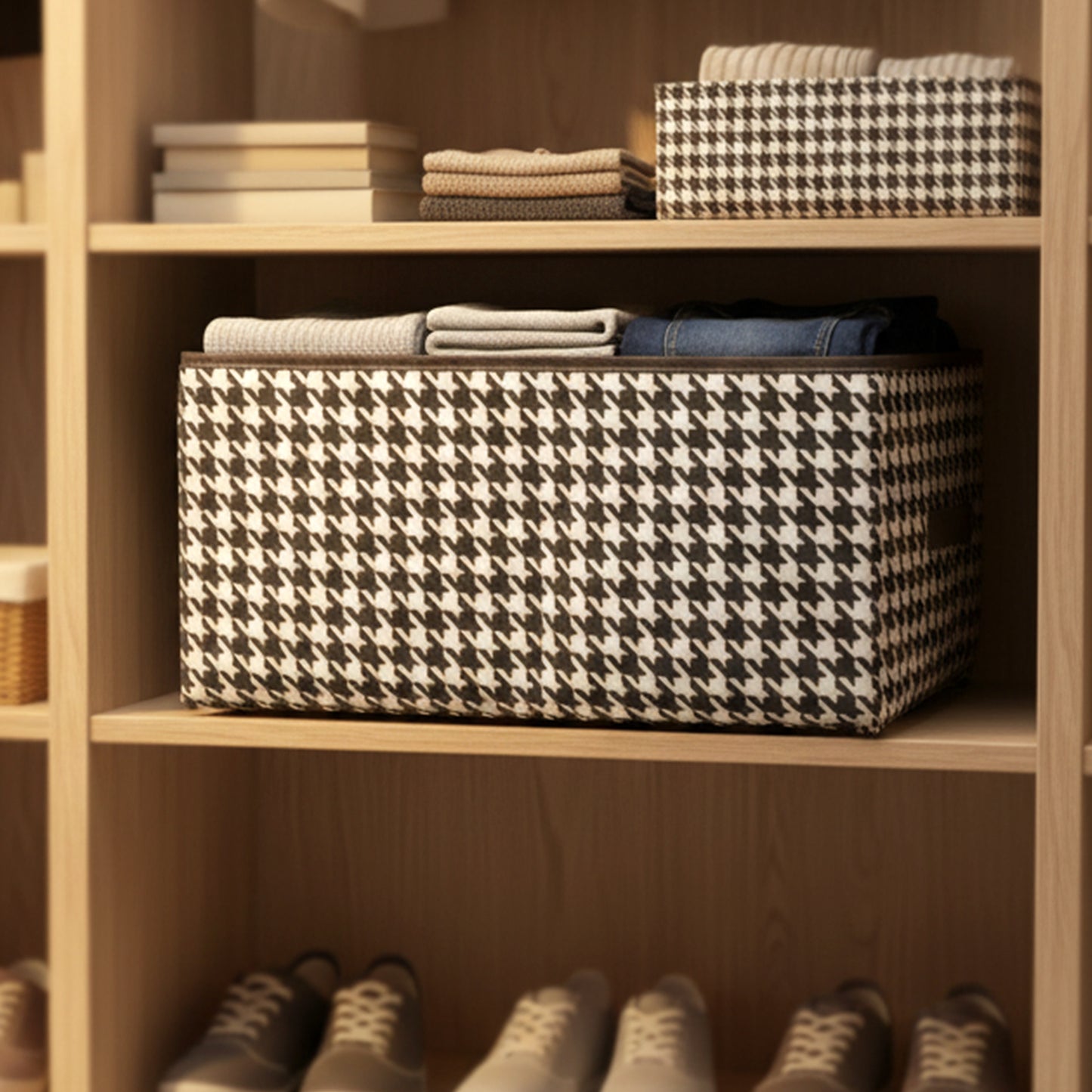 Foldable fabric storage basket by Wukusy, 40x28cm, with handles, showing a flexible, lightweight organizer for home or closet storage.