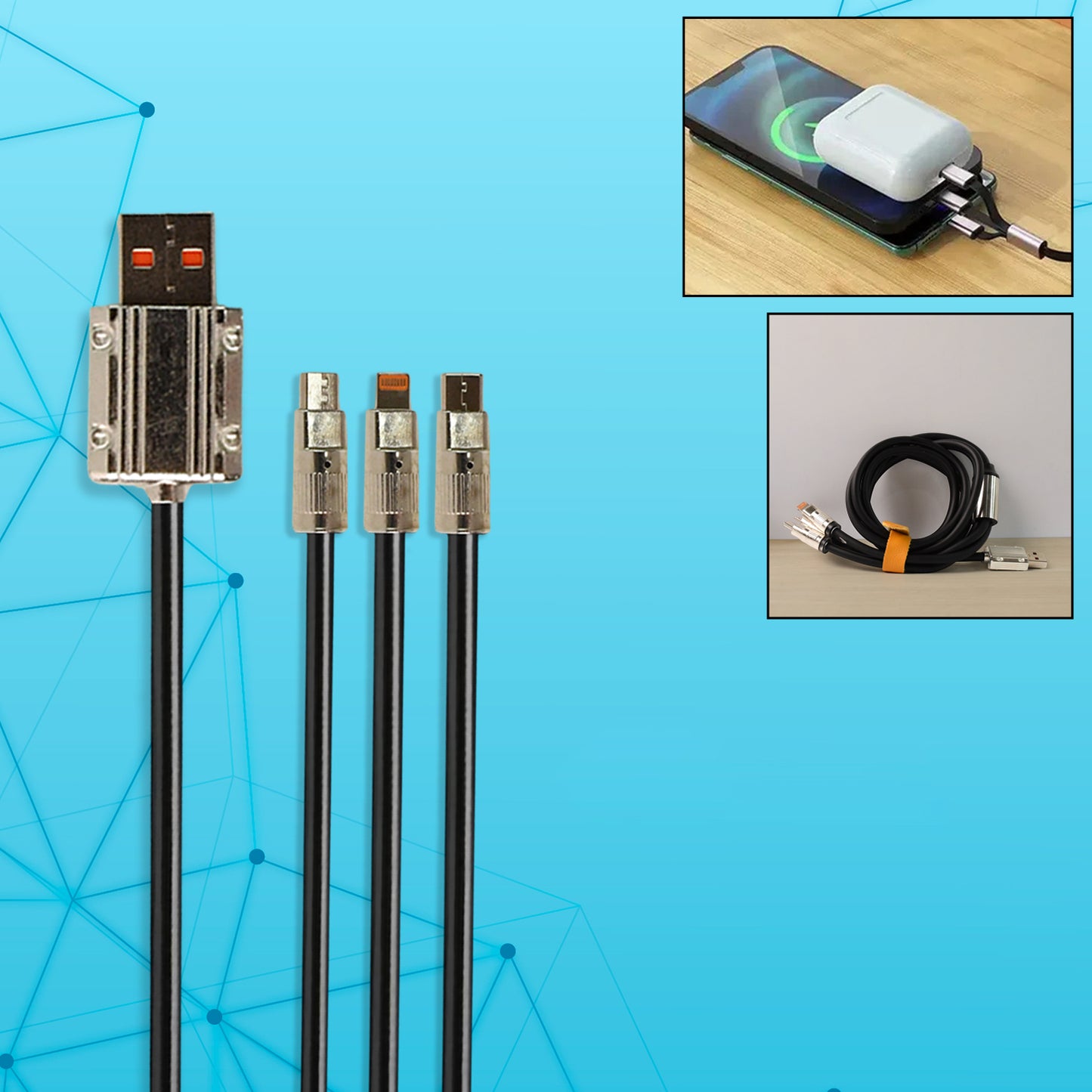 Wukusy 6139 3-in-1 super fast charging mobile accessory cable, 2 meters long, with multiple connectors for versatile device charging
