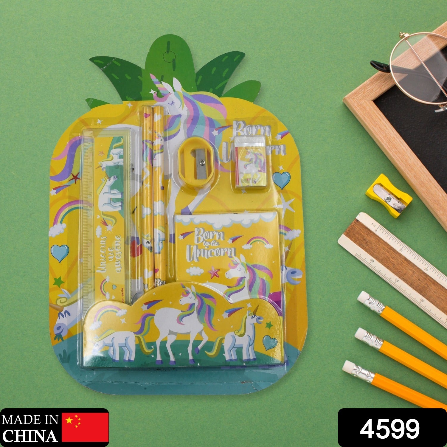 Wukusy 6-piece stationery set with pencil, ruler, rubber eraser, pencil sharpener, ideal for school or office use