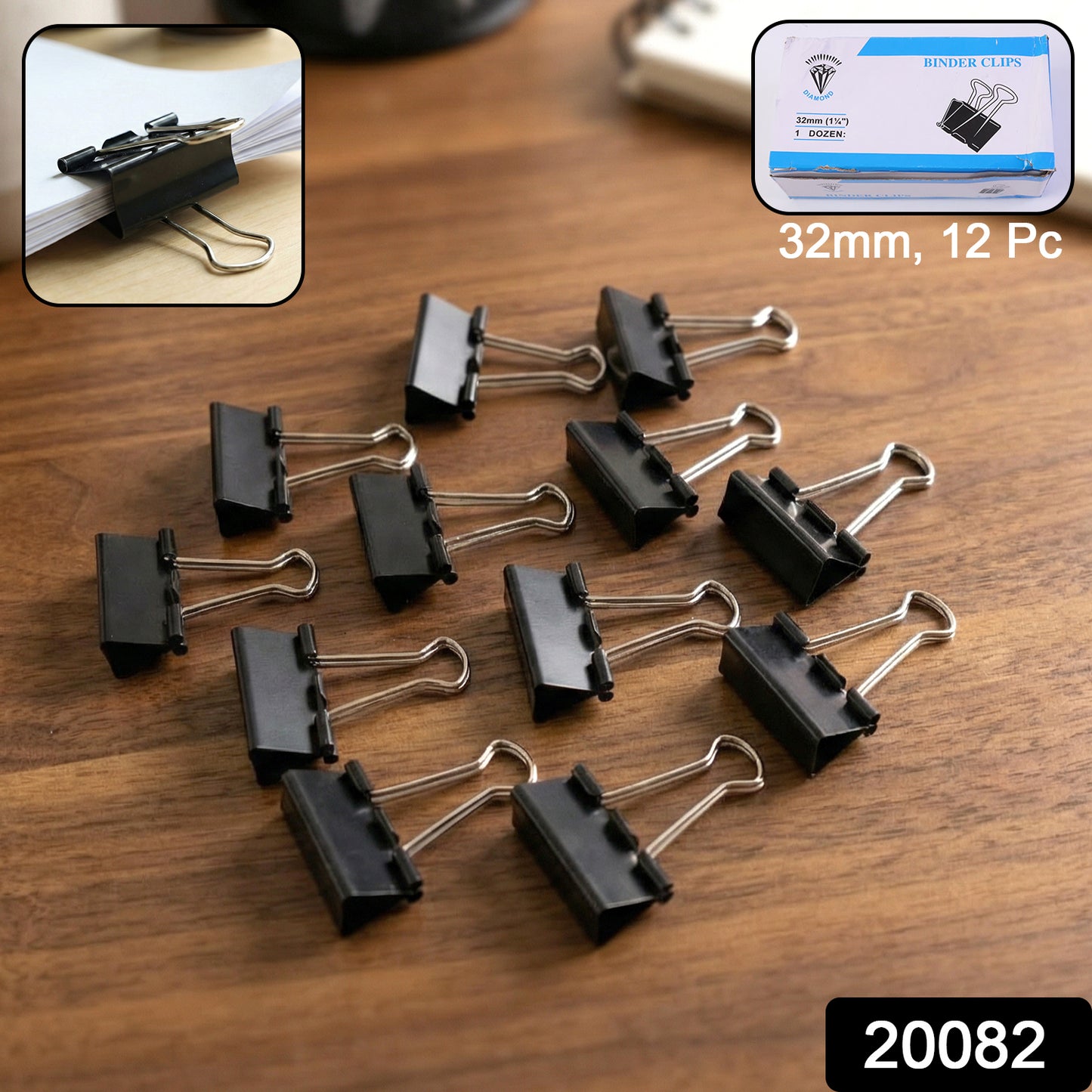 Wukusy heavy-duty black binder clips set, 32mm size, 12-piece pack, ideal for secure paper organization and office use
