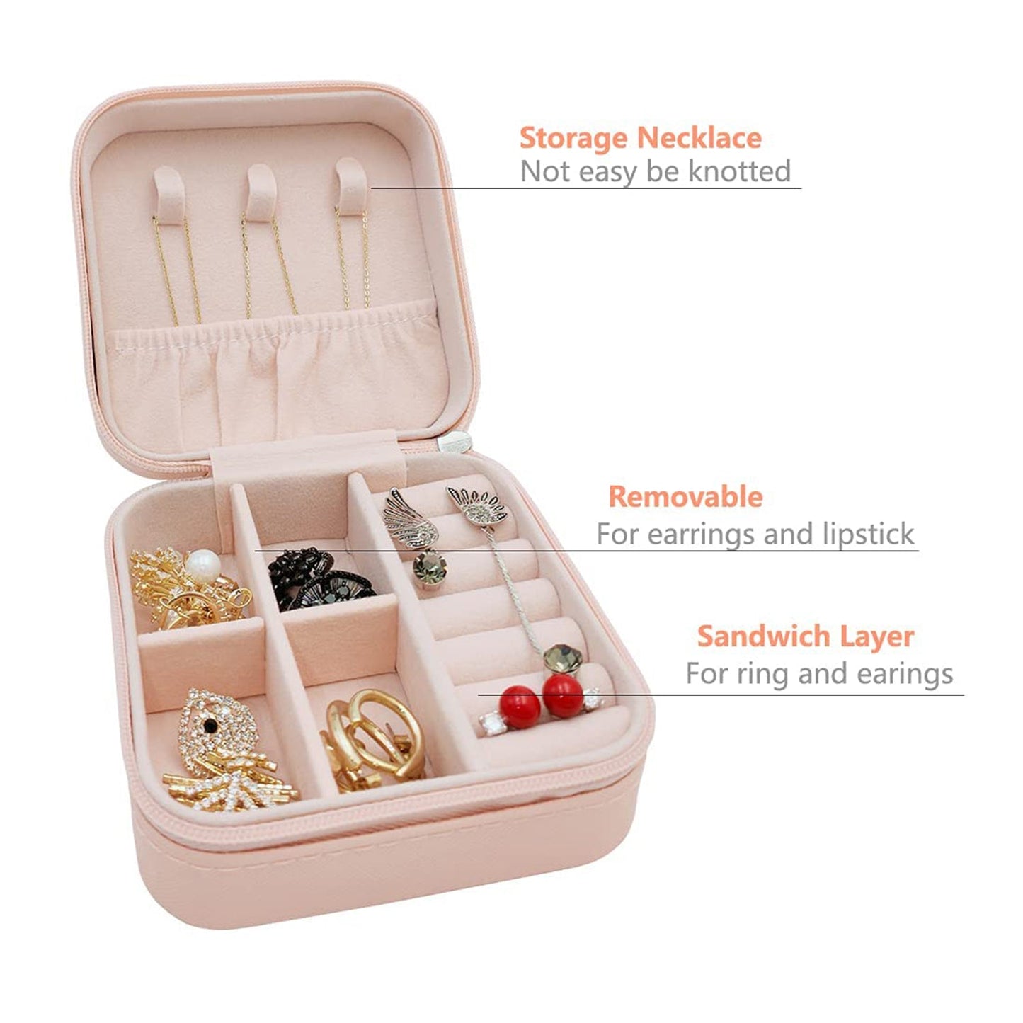Wukusy mini leather jewelry box for women, portable travel organizer with compartments for rings, earrings, necklaces, and pendants