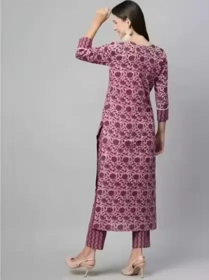 Women’s purple cotton kurti set with maroon pants, floral print, three-quarter sleeves, ideal for daily wear by Ekom.
