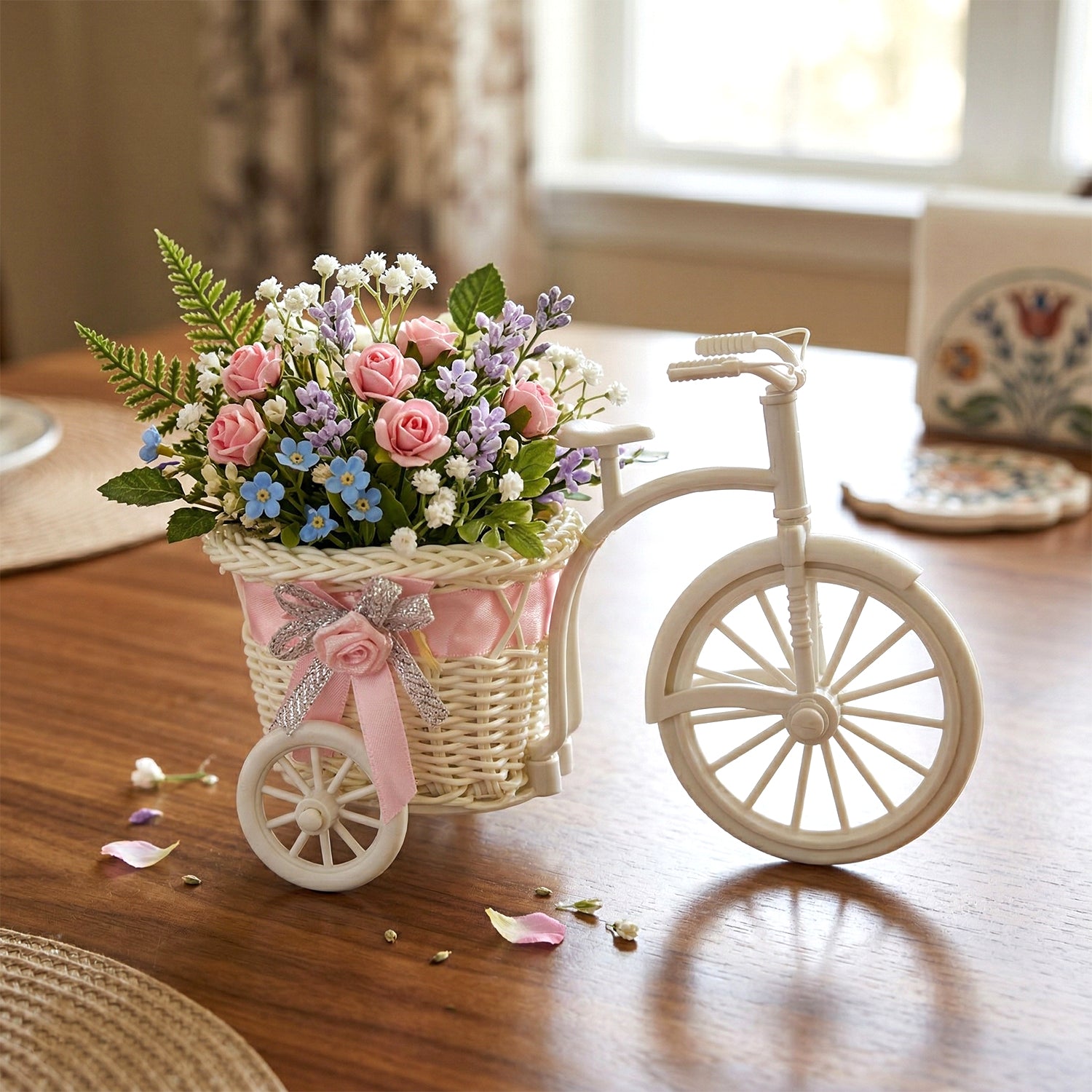 Decorative bicycle flower pot with basket by Wukusy, showcasing a charming vintage-style bike with a plant-filled basket.