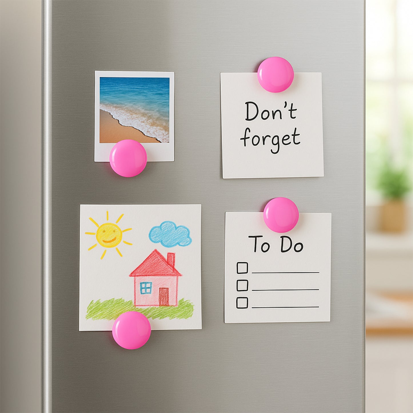 Set of four round Wukusy fridge magnets with colorful designs on a white background, ideal for home improvement and organization.