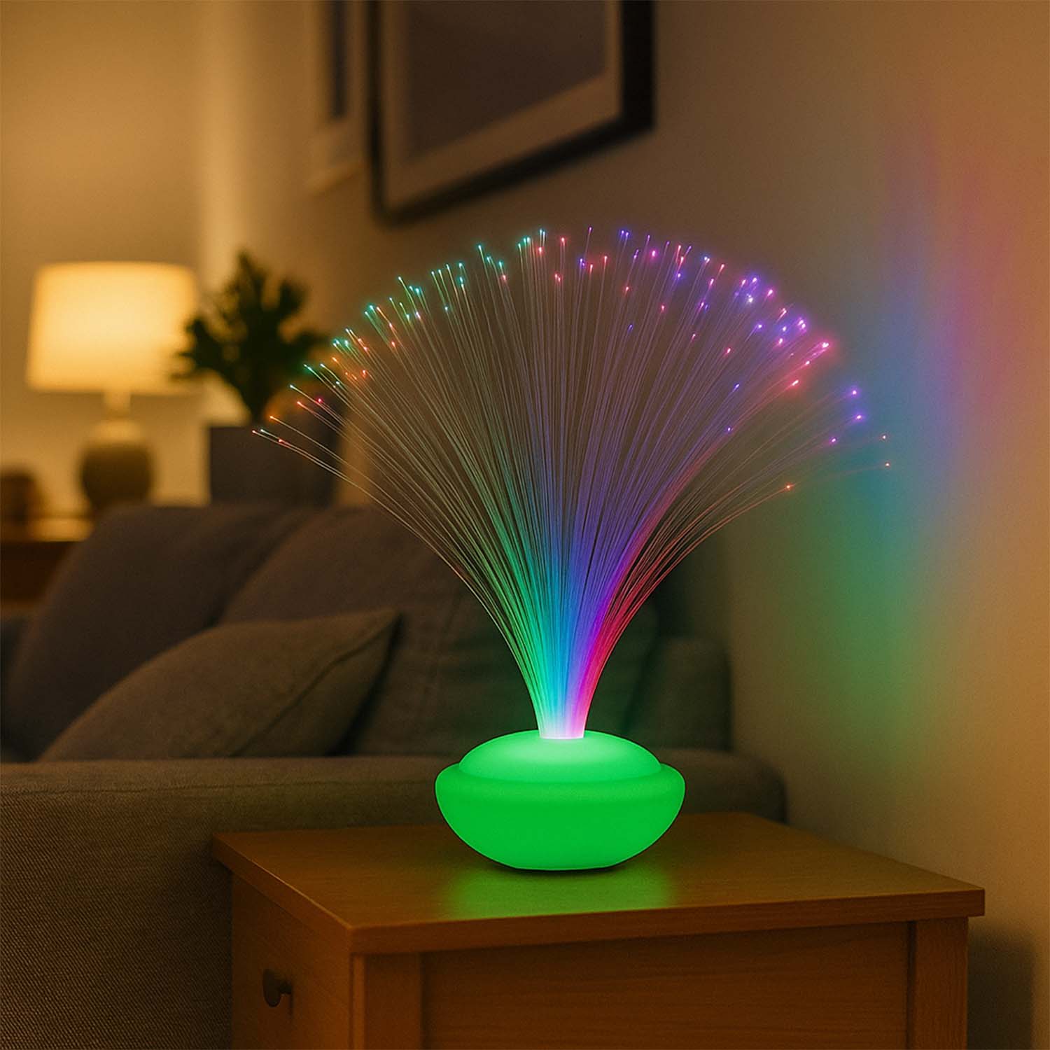 Wukusy fiber optic LED decorative lamp displaying colorful light strands in a sleek black base, ideal for modern home decor.