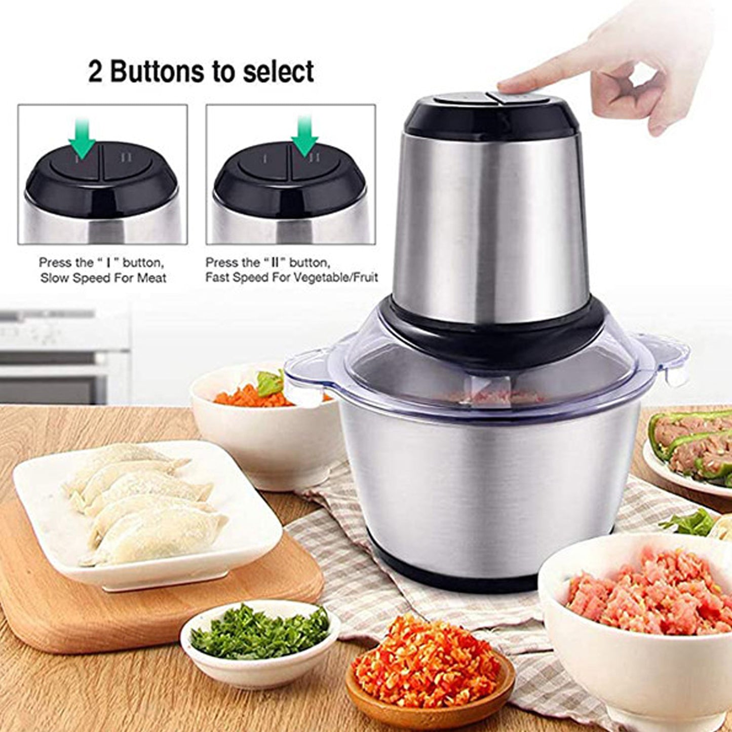 Wukusy stainless steel electric meat grinder with 3L bowl, food chopper, slicer, and blender for meat, vegetables, and nuts.