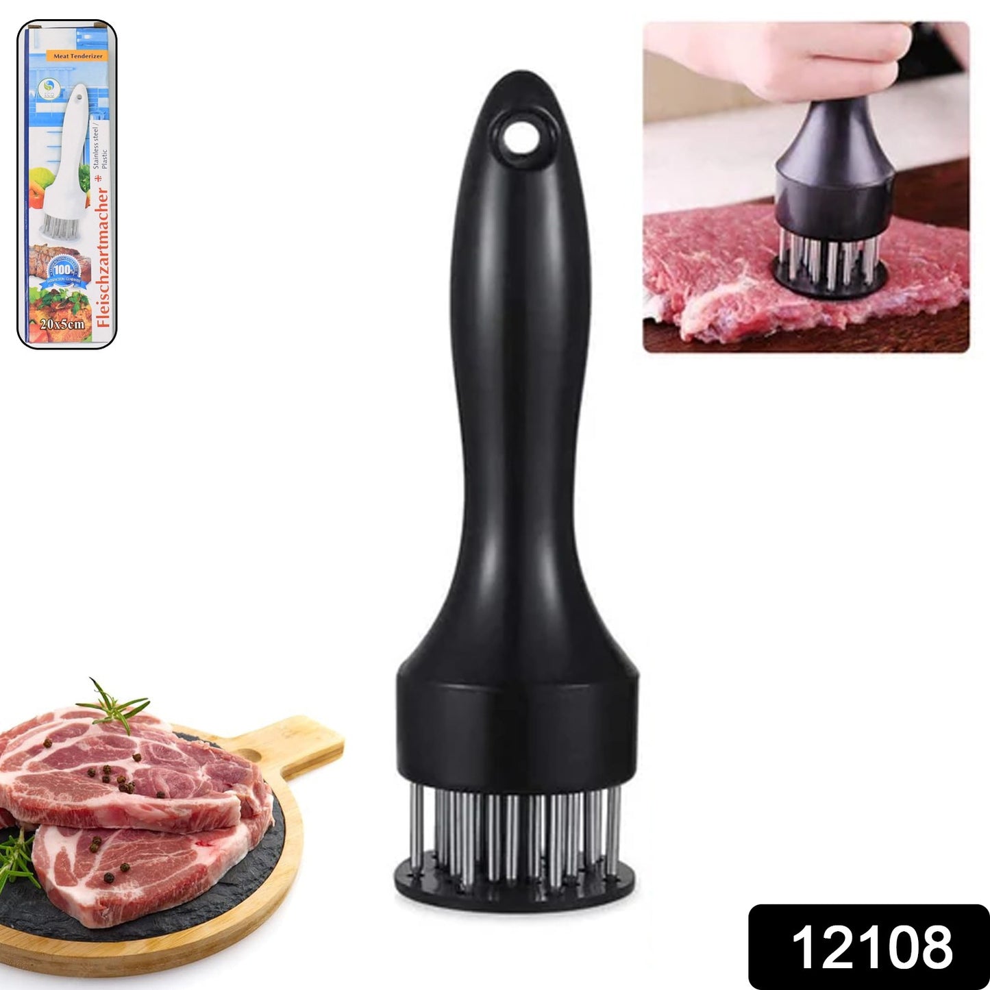 Wukusy stainless steel meat tenderizer tool with needle design, ideal for tenderizing beef, chicken, and other meats in the kitchen.