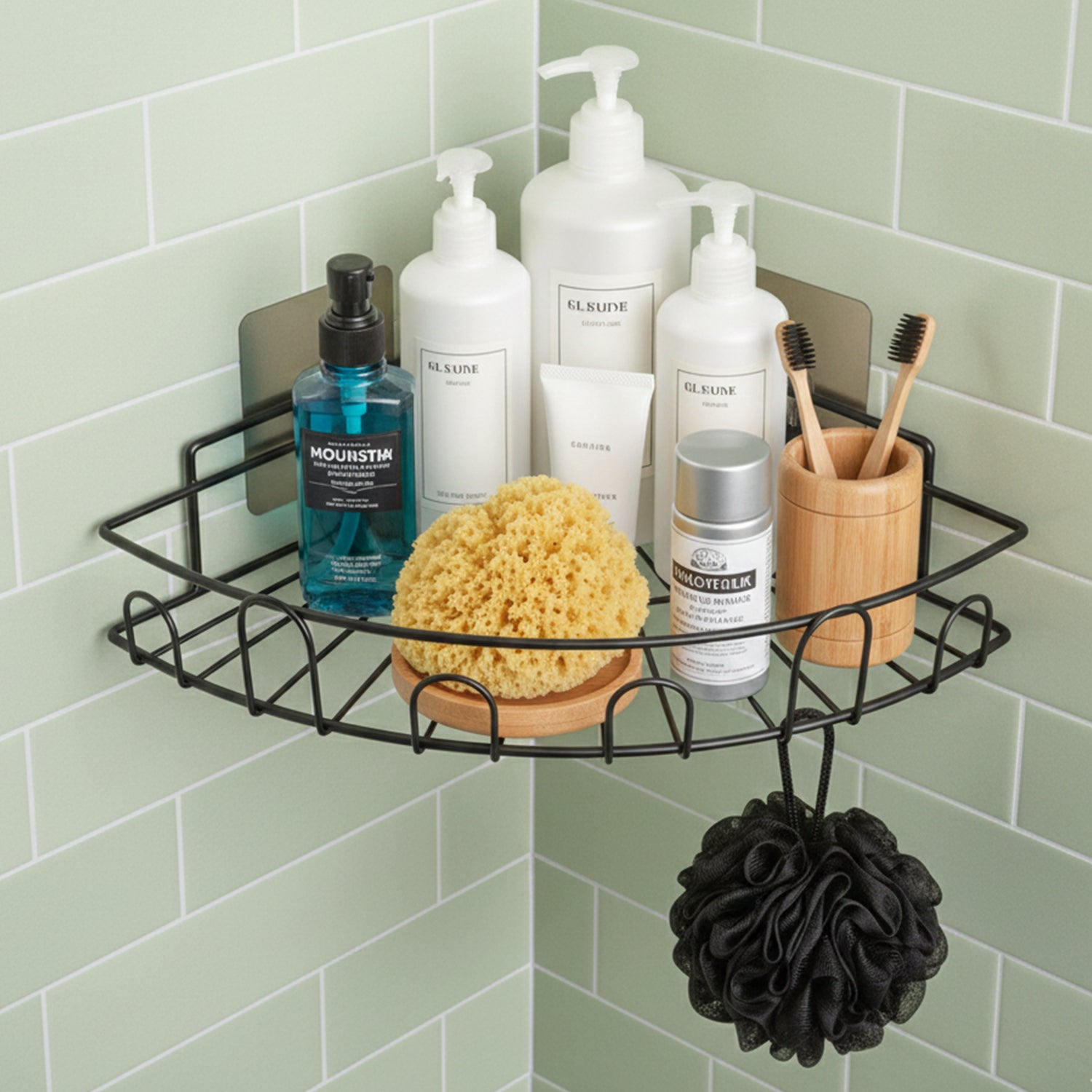 Wall-mounted corner bathroom storage rack by Wukusy, shown in a modern bathroom with organized shelves and tidy space.