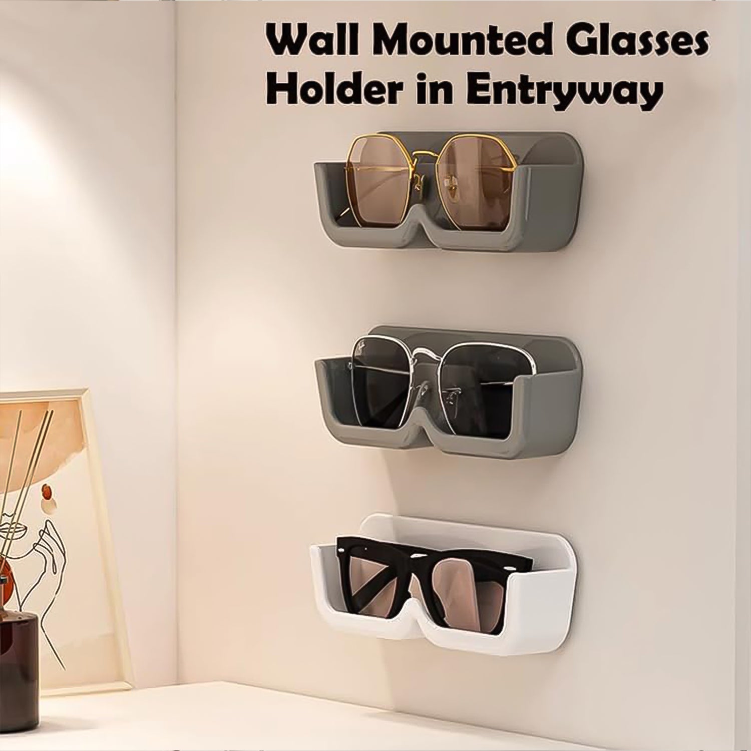 Set of four Wukusy wall-mounted sunglasses holders for organized storage in home or office spaces.
