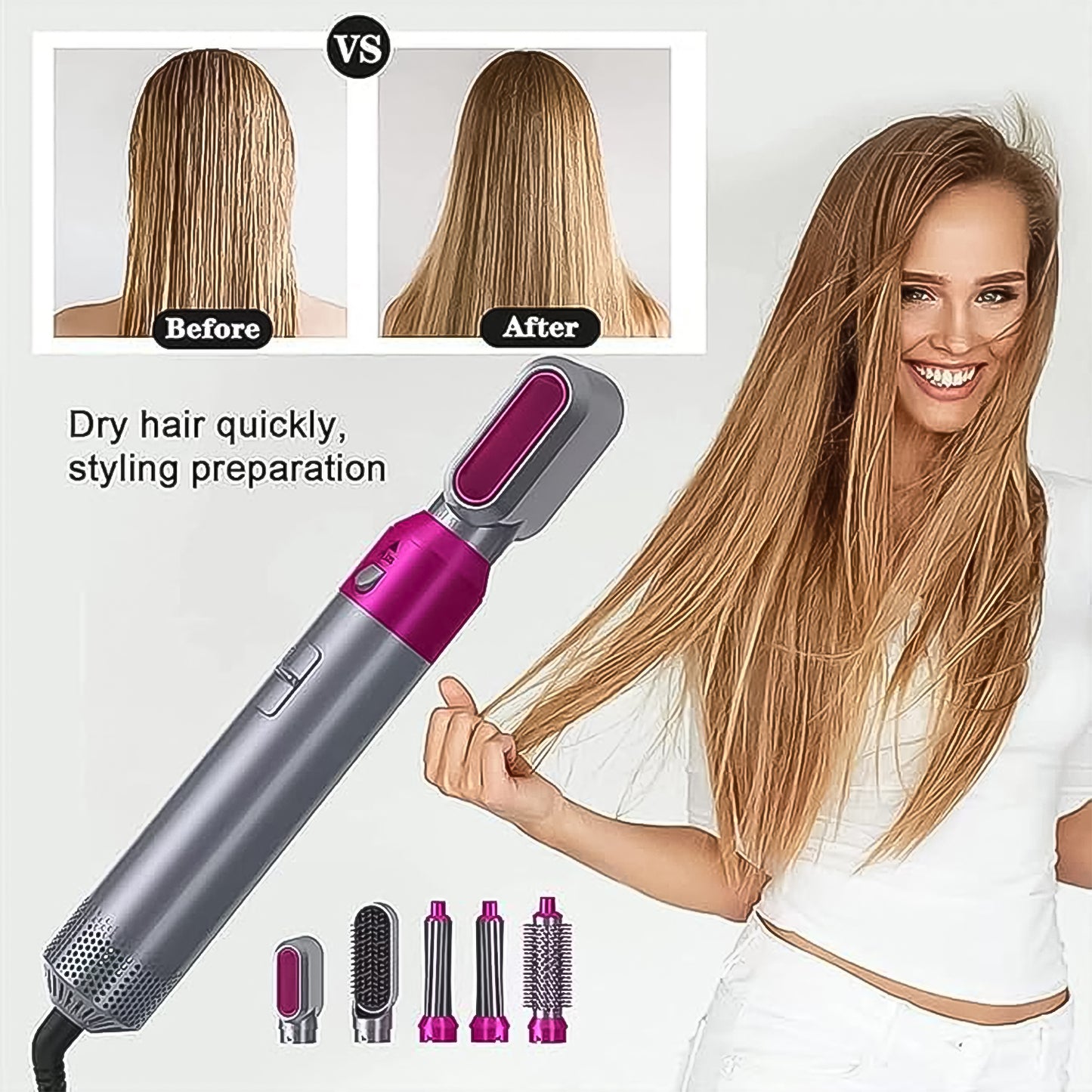Wukusy 5-in-1 hair dryer brush and hot air styler showing a multifunctional hair styling tool with different attachments and a user holding it