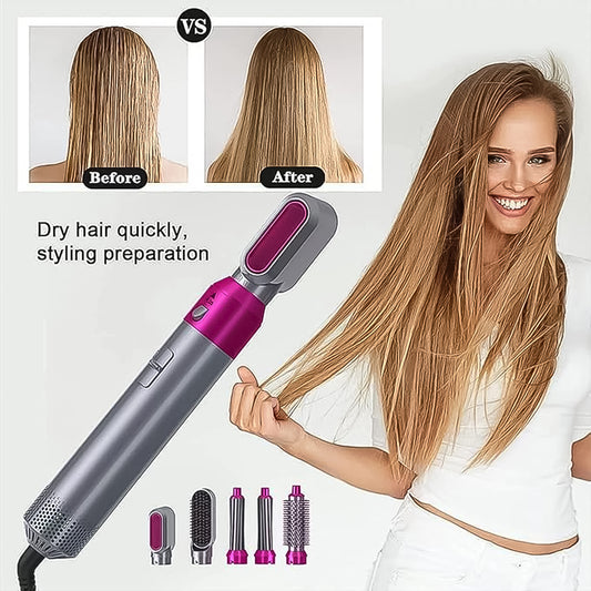 Wukusy 5-in-1 hair dryer brush and hot air styler showing a multifunctional hair styling tool with different attachments and a user holding it