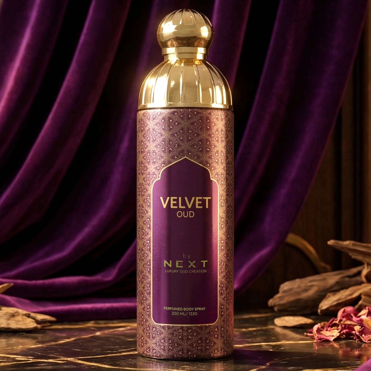 Next Velvet Oud premium perfumed body spray by Wukusy, 200ml bottle with elegant packaging and velvet-textured design.