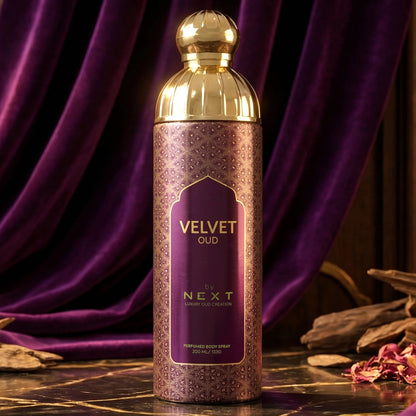 Next Velvet Oud premium perfumed body spray by Wukusy, 200ml bottle with elegant packaging and velvet-textured design.