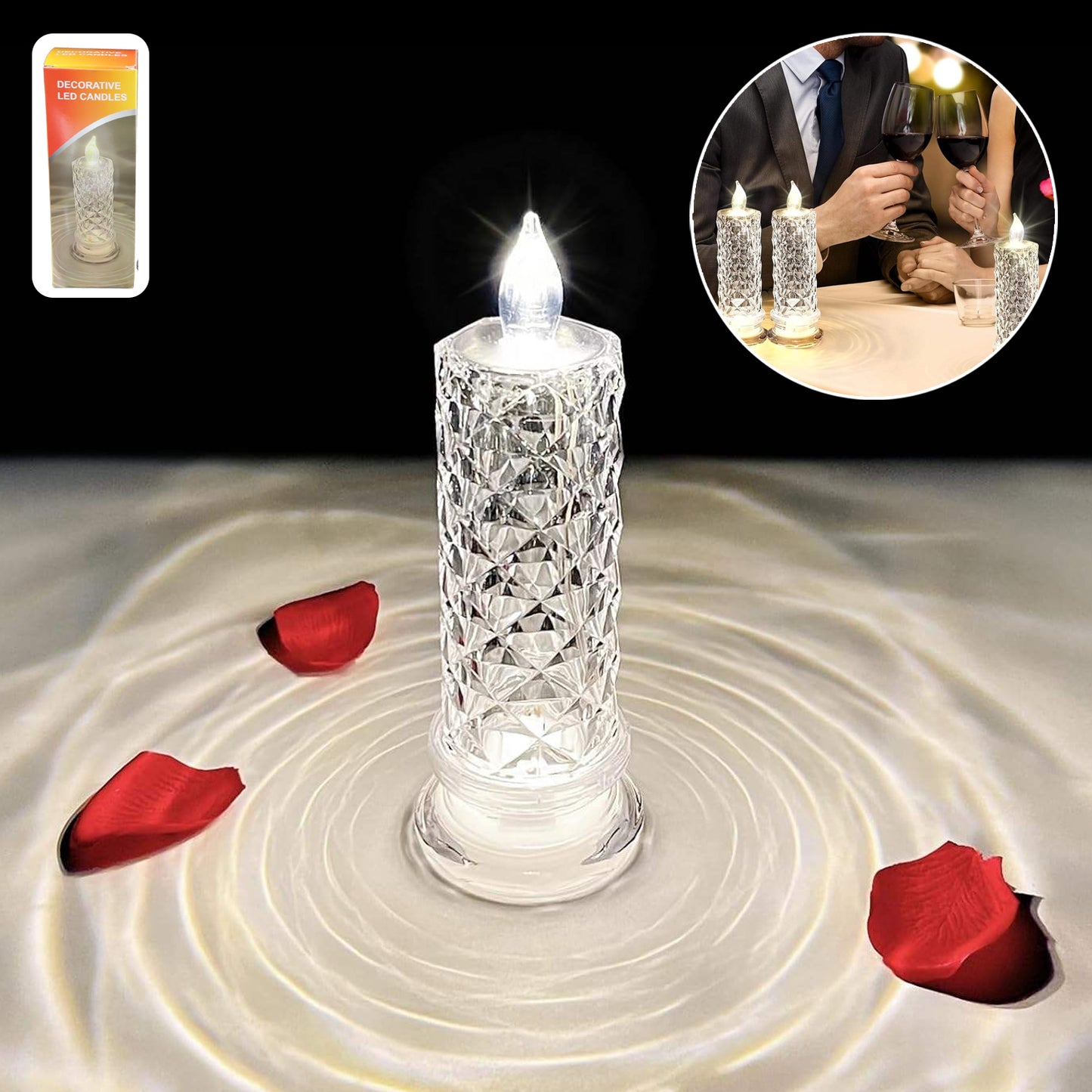 Decorative LED crystal candle light from Wukusy, elegant home decor with a glowing LED candle and crystal accents.