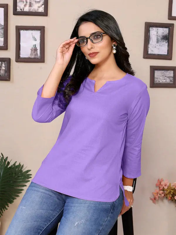 Ekom women's baby pink cotton tunic with V-neck, round neckline, hip length, and 3/4 sleeves, casual and comfortable style