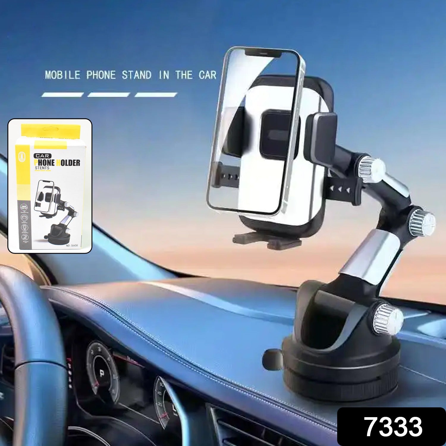 Wukusy adjustable long-arm suction cup car phone holder attached to dashboard, holding a smartphone securely in a vehicle.