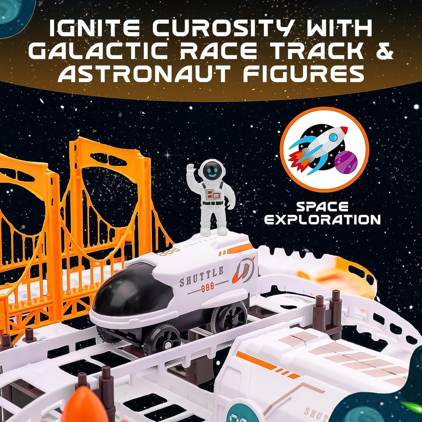 Wukusy Outer Space Race Track Set for kids toys featuring colorful space-themed race cars and a detailed track layout.