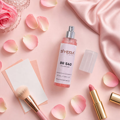 Wukusy fragrance mist body spray with aloe vera gel, 100ml bottle, featuring a clear spray nozzle and fresh, botanical-inspired design