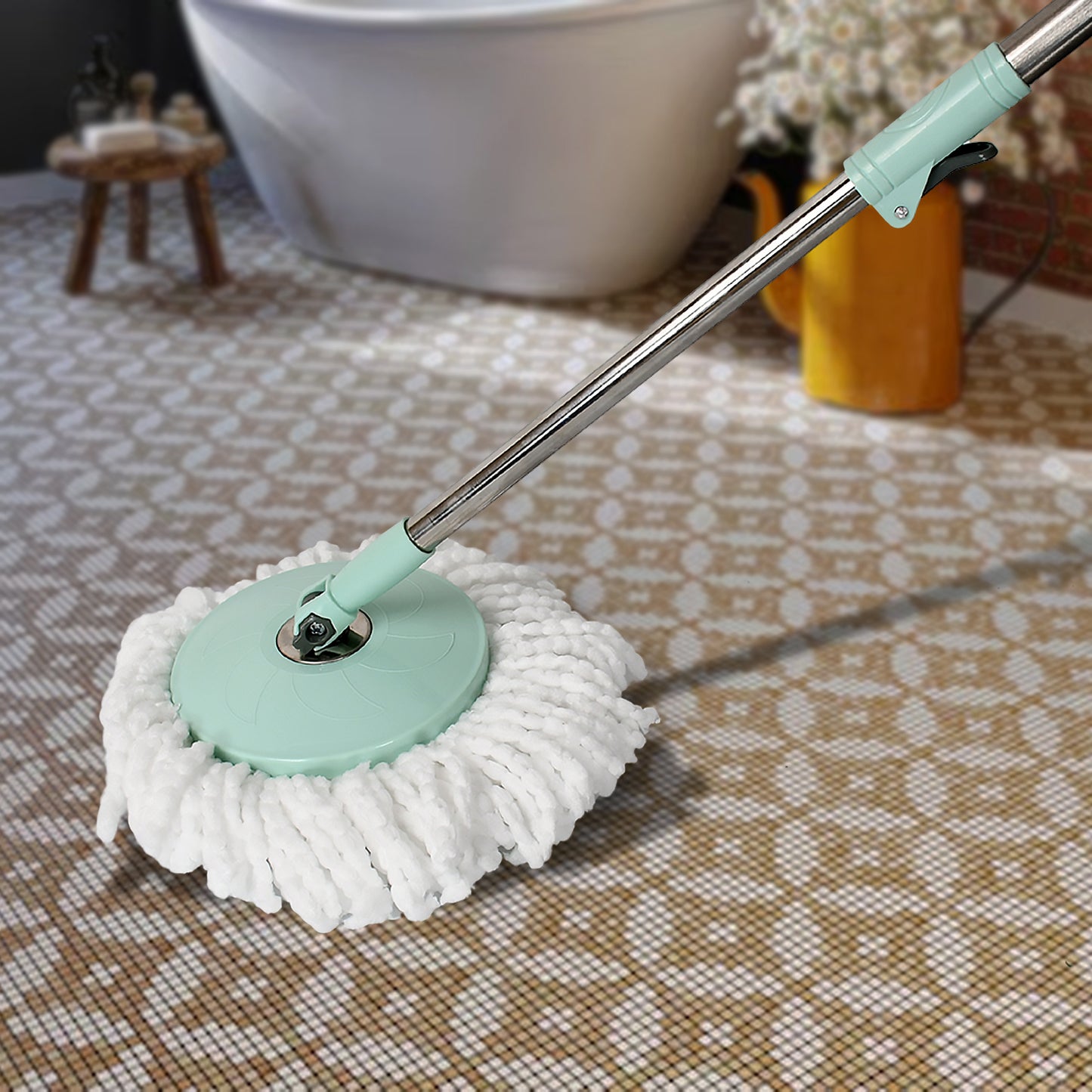 Wukusy Ganesh Quick Spin Mop with steel bucket, microfiber heads, and easy wheels for efficient home floor cleaning.