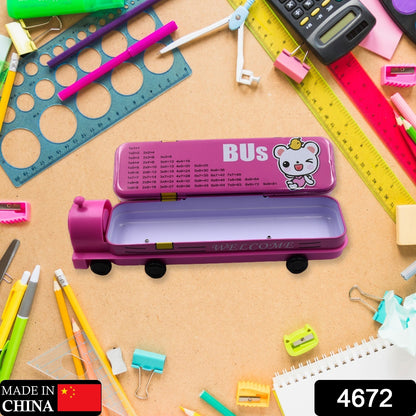 Wukusy Double Decker Magic Bus metal pencil case with movable wheels, sharpener, bus shape, two layers, ideal for kids’ school supplies.