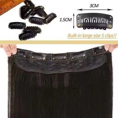 Ekom natural black straight synthetic hair extensions, 24-inch 5-clip set, shown in a bathroom setting with hair tools.