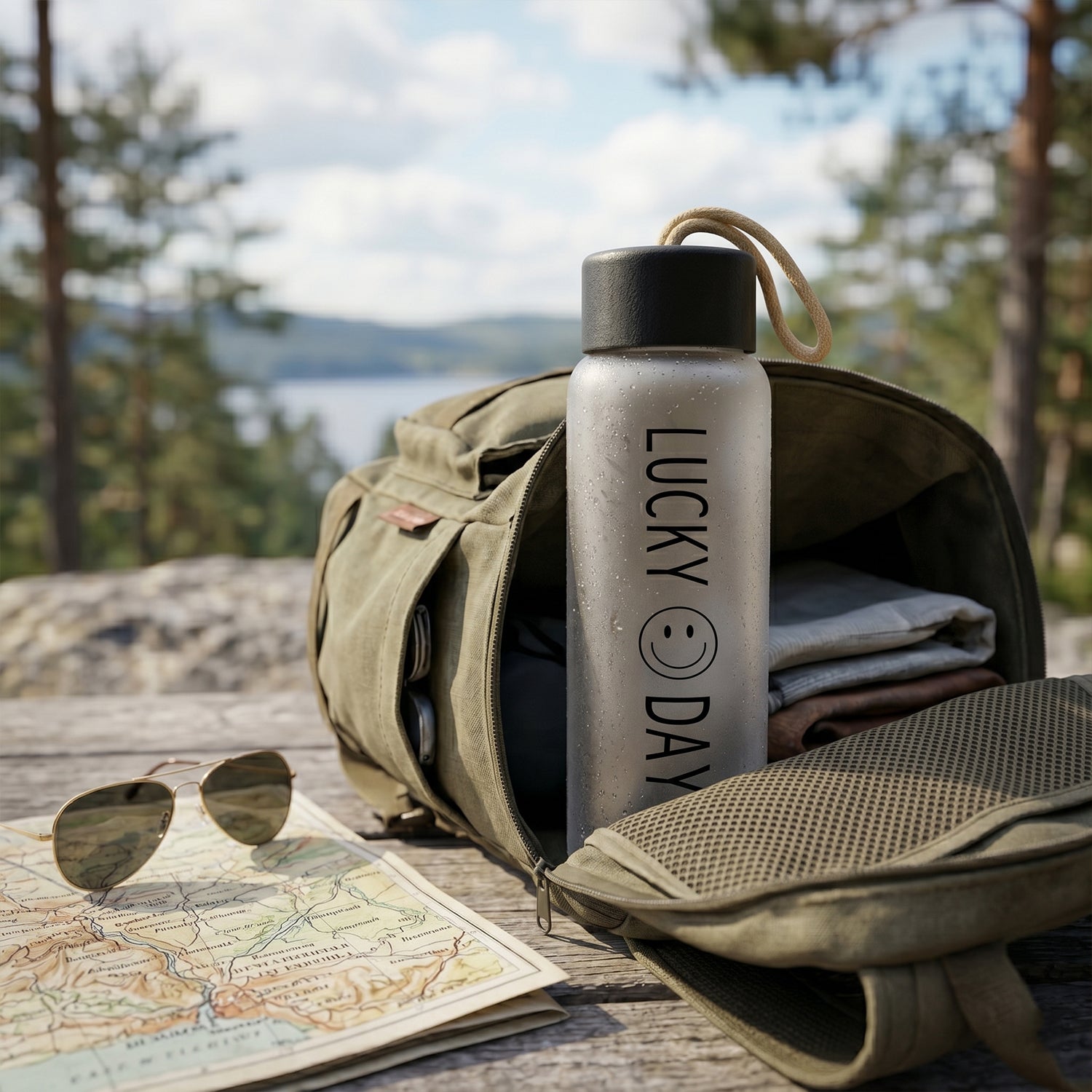 Wukusy premium frosted glass water bottle with leak-proof lid, 350ml capacity, featuring a sleek, modern design.