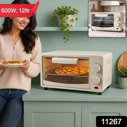 Wukusy 12L electric mini oven with toaster and griller functions, 600W compact oven for baking and roasting.