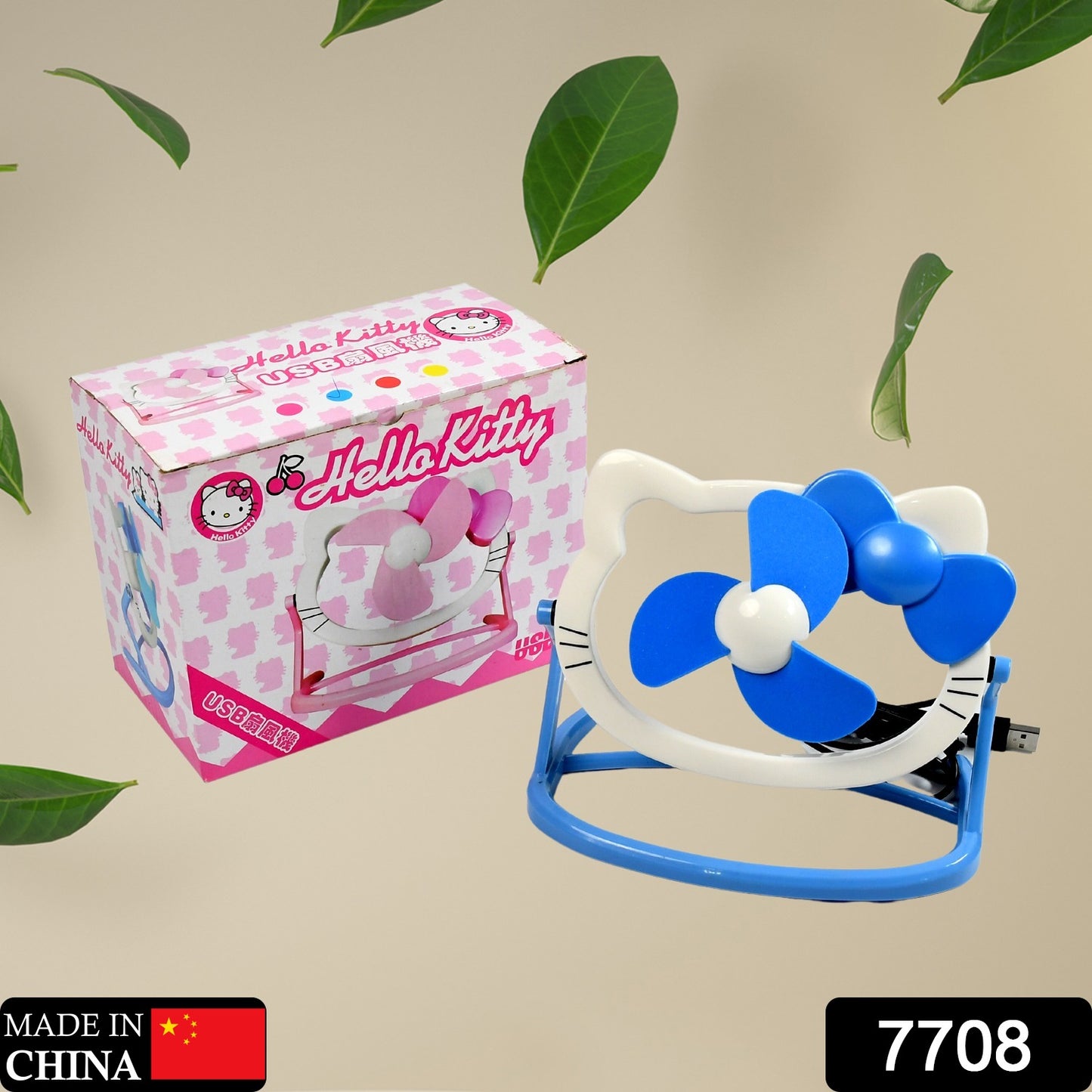 Wukusy Hello Kitty cartoon desktop mini fan with bright colors, USB powered for home or office use.