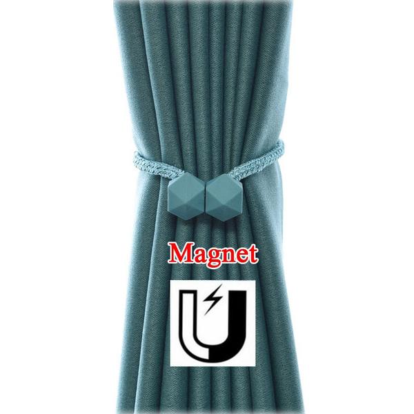 Pair of Wukusy hexagonal magnetic braided rope curtain tiebacks with loop binding and buckles for home decor window curtains.