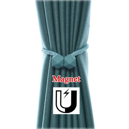 Pair of Wukusy hexagonal magnetic braided rope curtain tiebacks with loop binding and buckles for home decor window curtains.