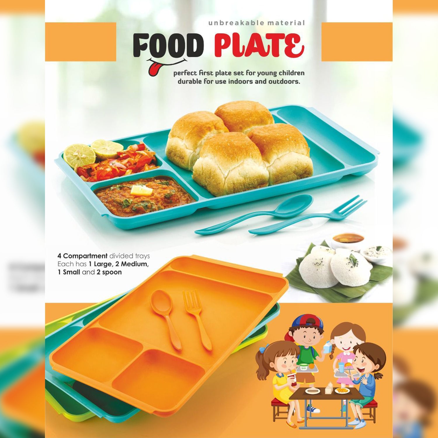 Wukusy 4-compartment plastic dish with spoon and fork, divided dinner plate for Pav Bhaji or meals, in vibrant kitchen setting.