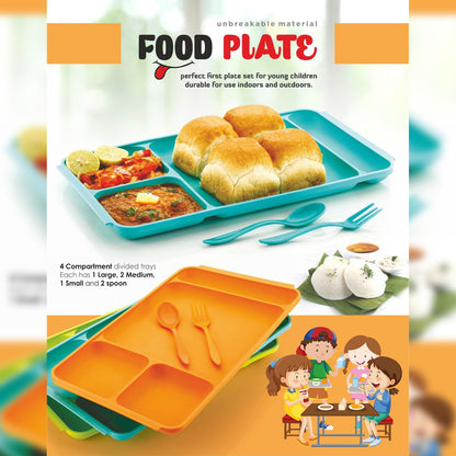 Wukusy 4-compartment plastic dish with spoon and fork, divided dinner plate for Pav Bhaji or meals, in vibrant kitchen setting.