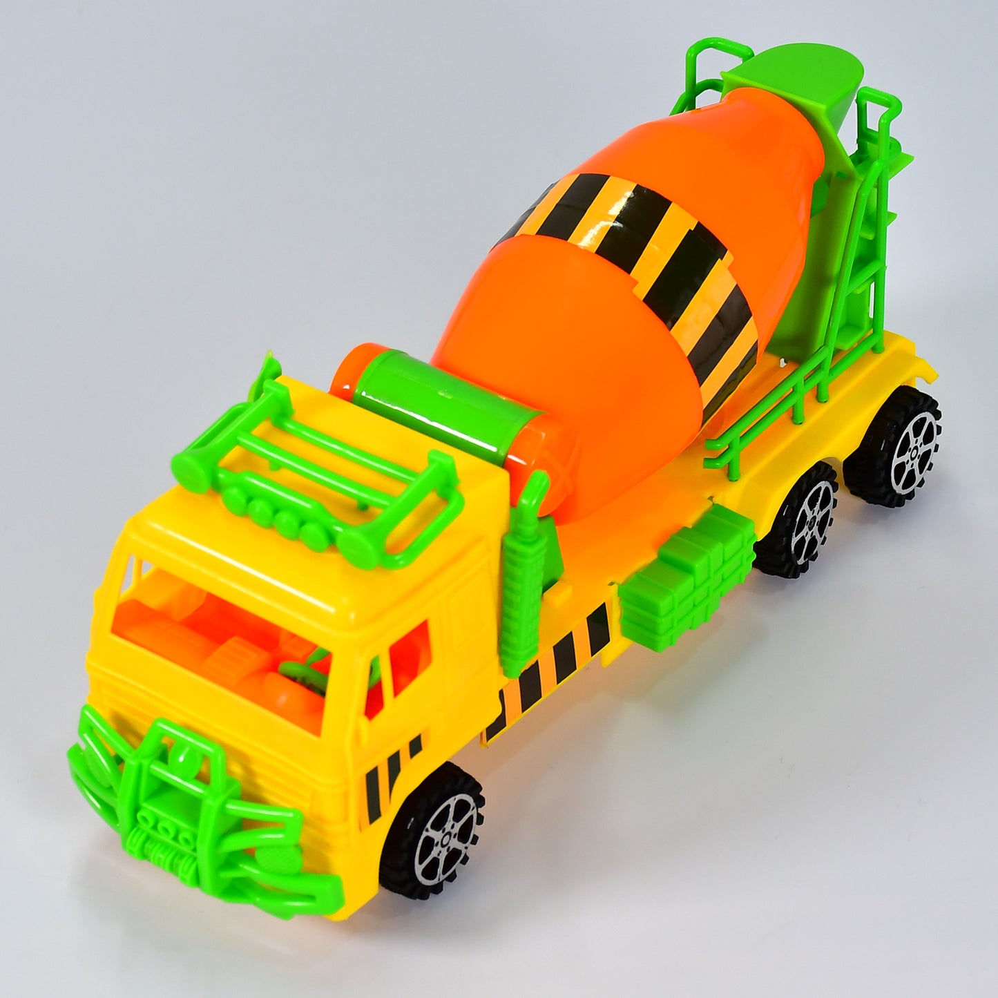 Wukusy cement mixer truck pushback toy for kids, blue and gray plastic construction vehicle with rotating drum and realistic details.