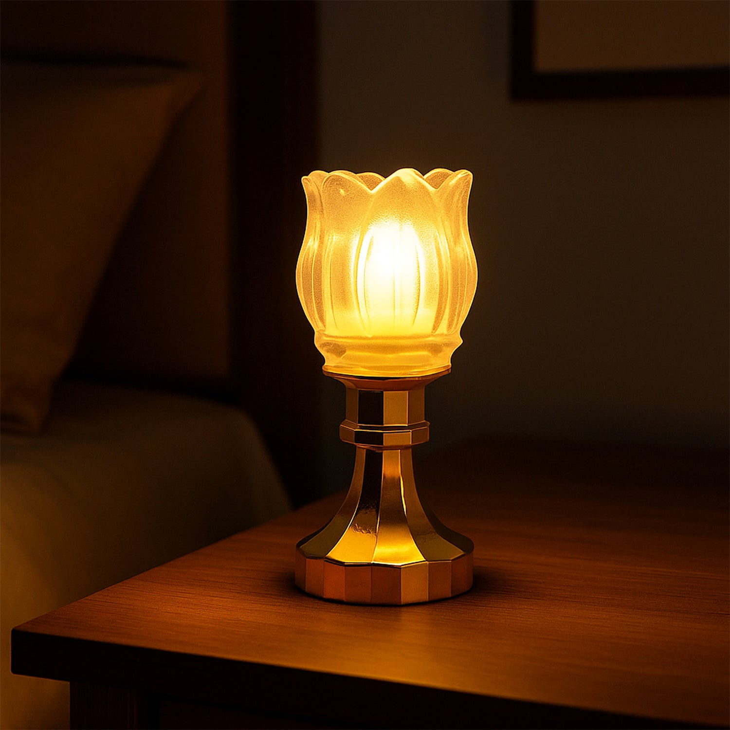 Wukusy premium lotus-shaped LED decorative lamp with stand, ideal for home decor, featuring a soft glowing light and elegant design.
