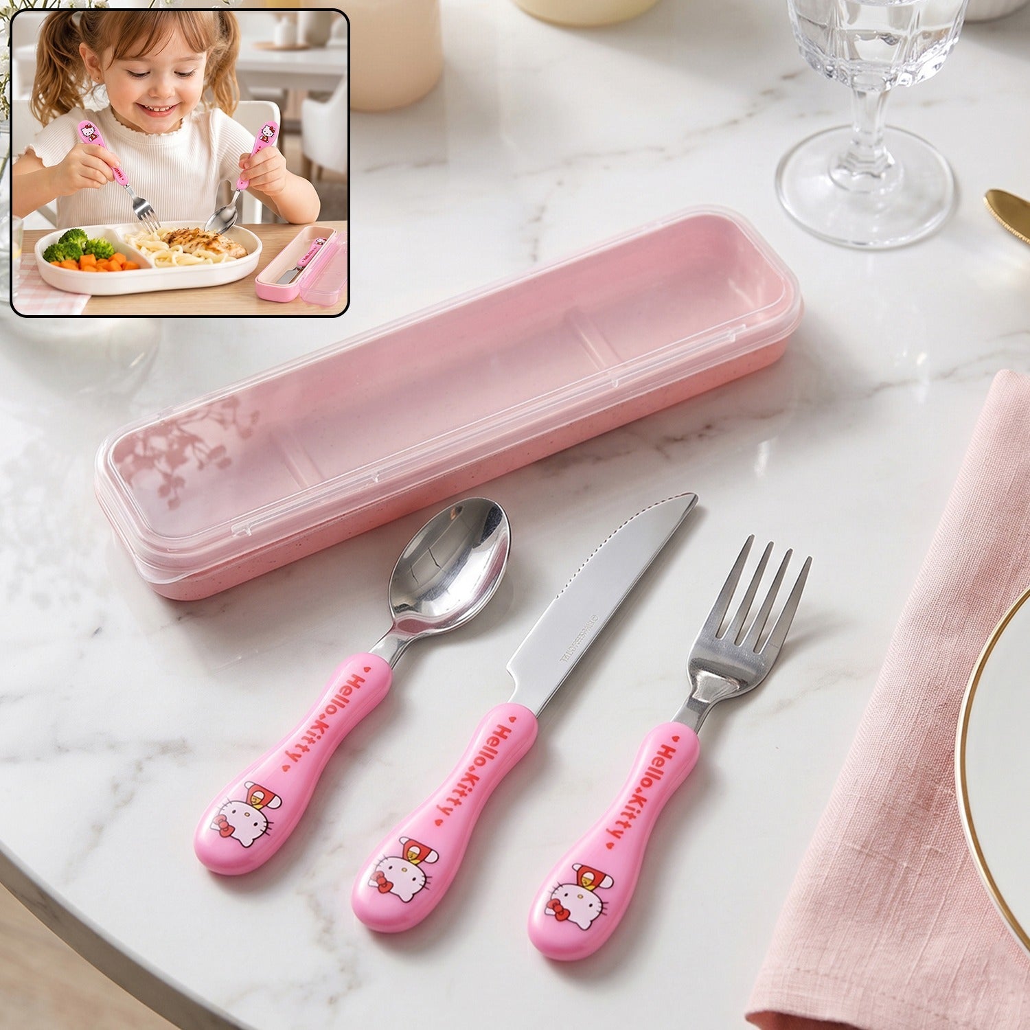 Wukusy 3-in-1 kids cutlery set with case including spoon, fork, and knife for children, suitable for young learners.