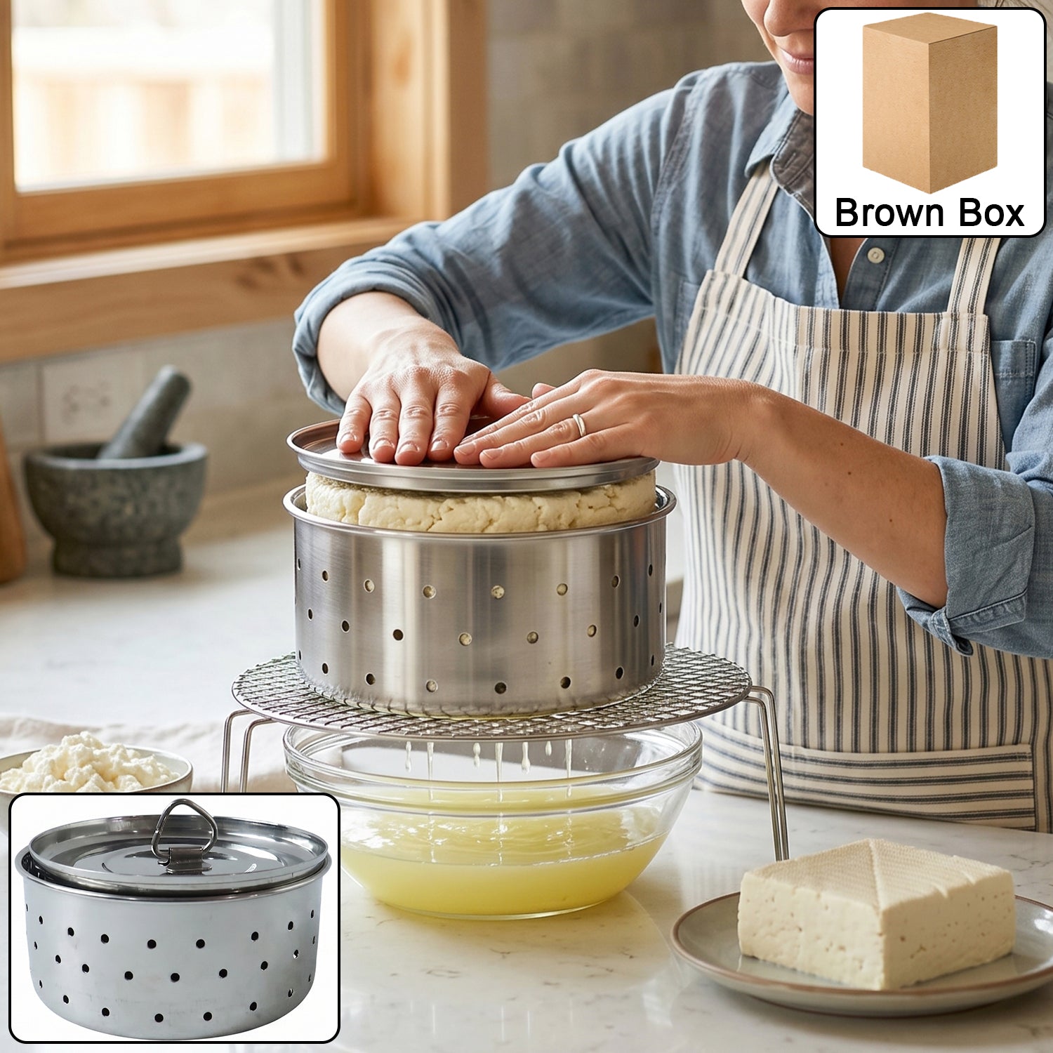 Wukusy stainless steel paneer maker mould with lid for cheese and tofu pressing, featuring a durable, easy-to-clean design.