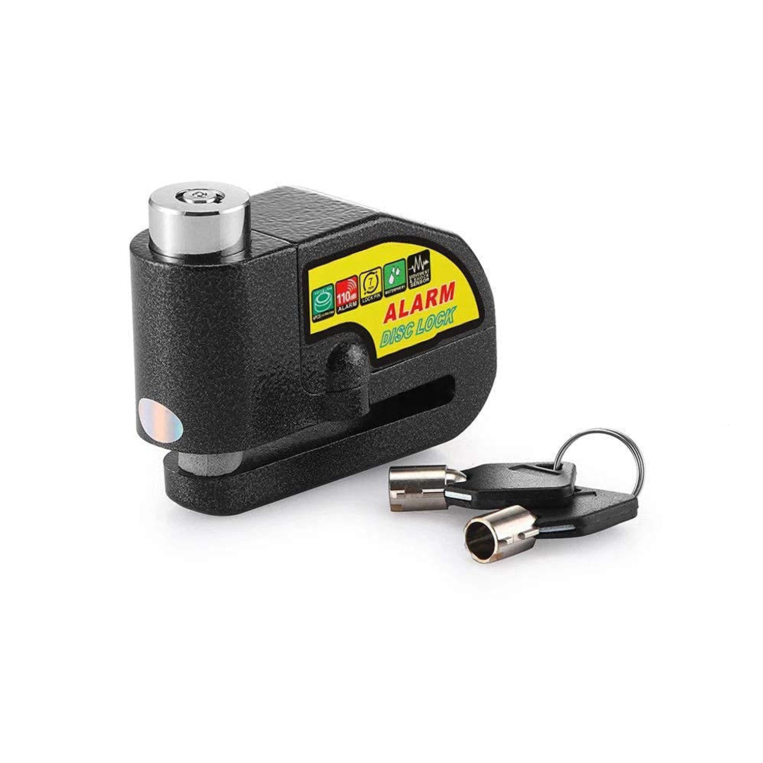 Wukusy alarm disc lock for motorbikes, anti-theft disc brake lock with key, compact security device in black.