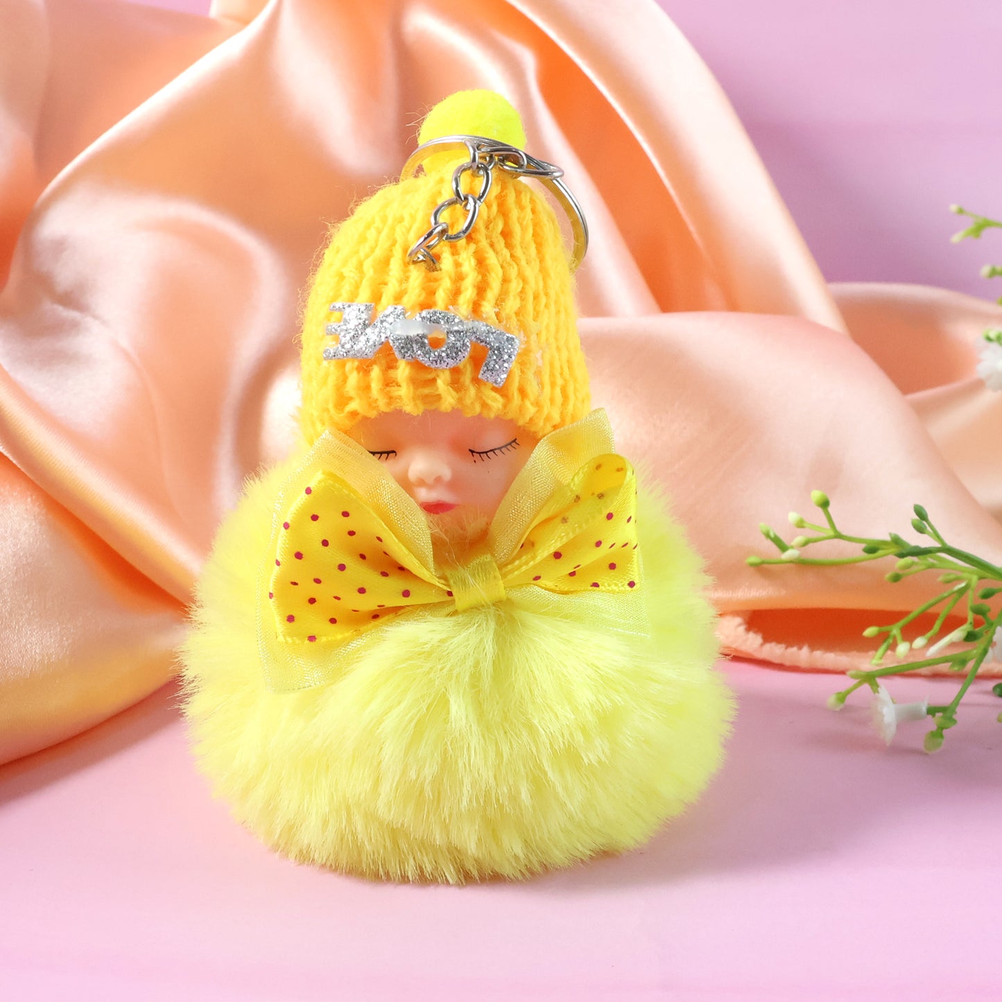 Wukusy cute plush doll keychain with soft fur ball, featuring adorable character design and vibrant colors.