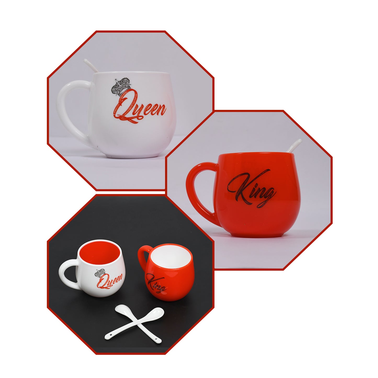 Pair of Wukusy King and Queen printed plastic coffee mugs, 300ml each, featuring matching couple design, set of 2.