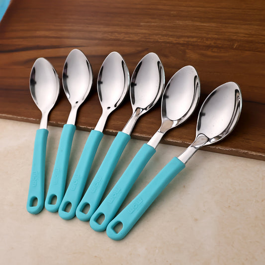 Set of six Wukusy Supermom stainless steel tea spoons with polished finish, ideal for stirring tea or coffee.