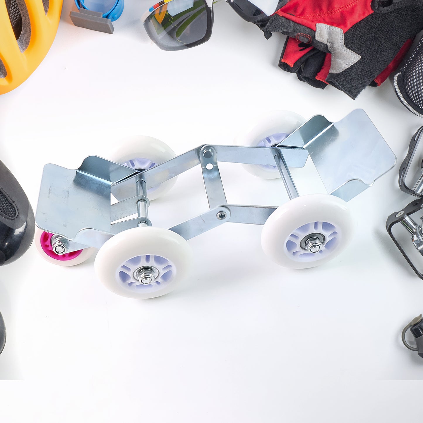 Wukusy 5-wheel emergency bike wheel puller trolley showing hardware for bike wheel removal and repair.