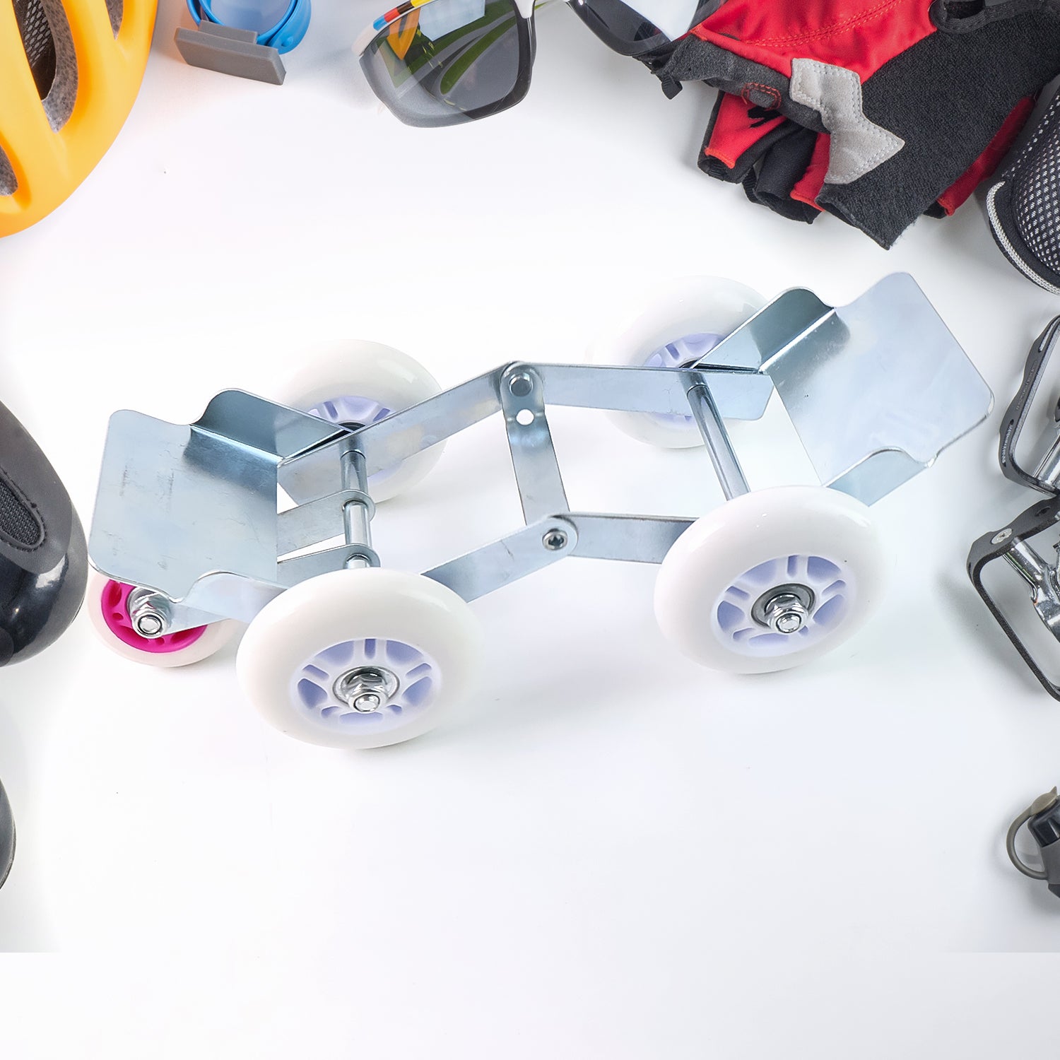 Wukusy 5-wheel emergency bike wheel puller trolley showing hardware for bike wheel removal and repair.