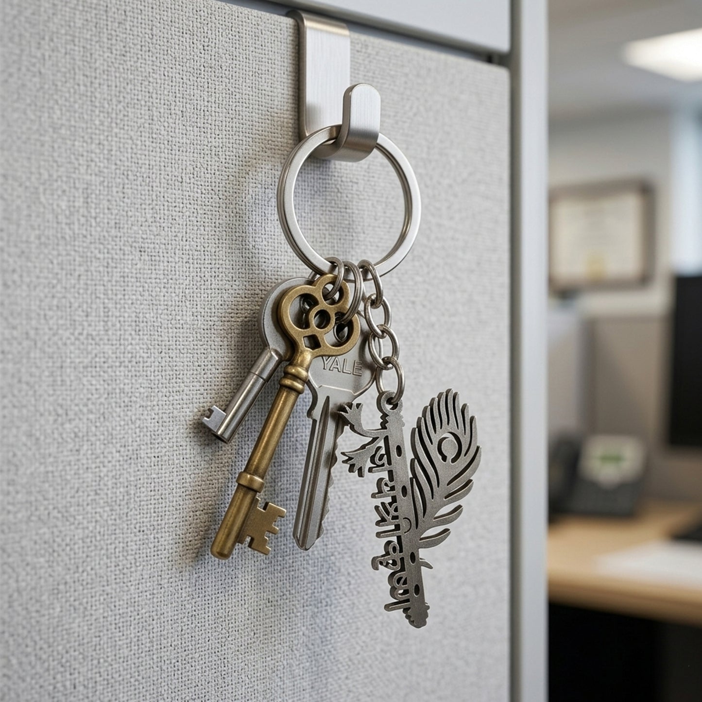 Metal flute Krishna keychain by Wukusy featuring a detailed Krishna figure attached to a shiny metal keyring.