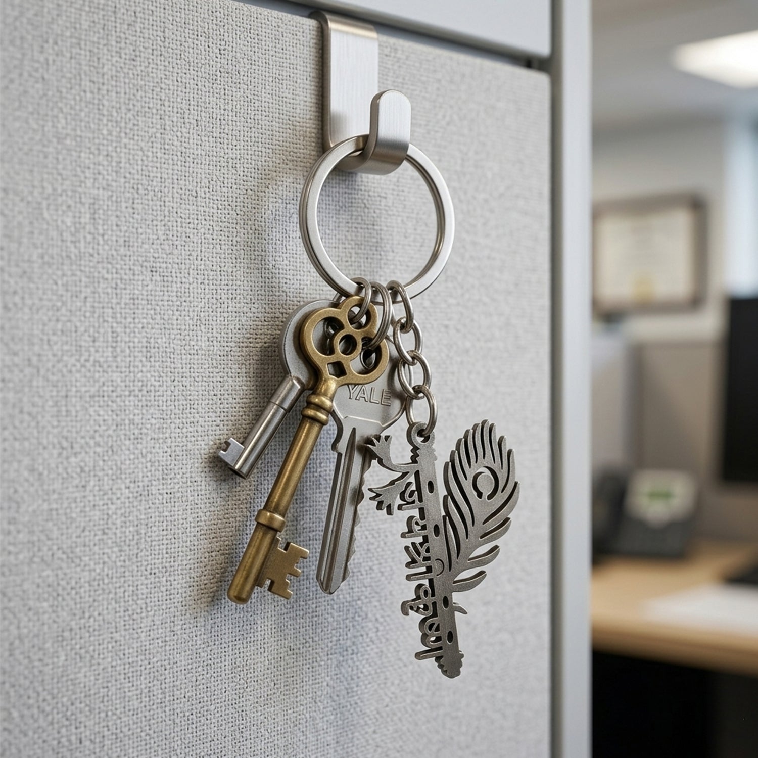 Metal flute Krishna keychain by Wukusy featuring a detailed Krishna figure attached to a shiny metal keyring.