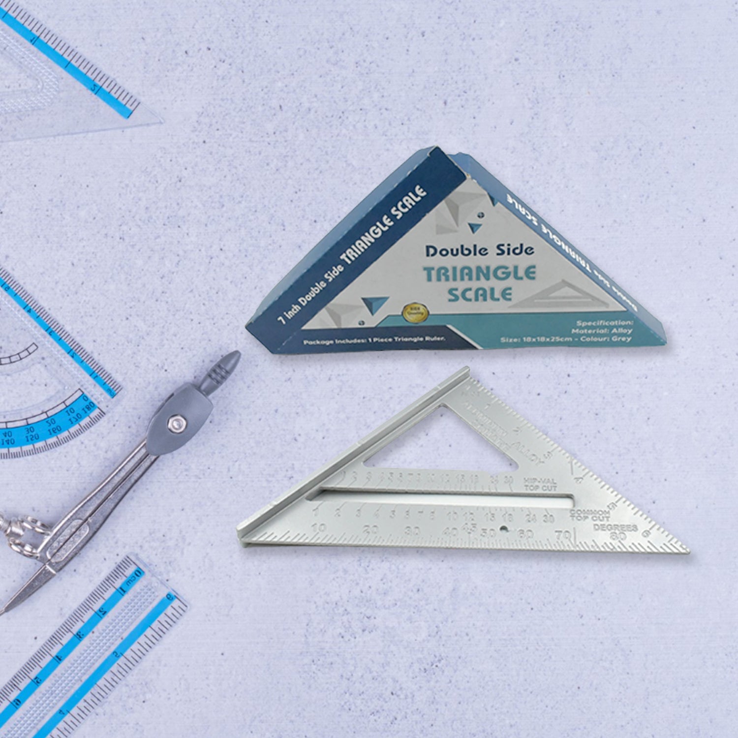 Wukusy 7-inch aluminum alloy double-sided scale triangle ruler with 45-degree angles for industrial and home rafter measurement.