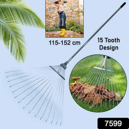Wukusy stainless steel telescopic garden rake with long handle and adjustable claws, ideal for cleaning leaves and yard debris.