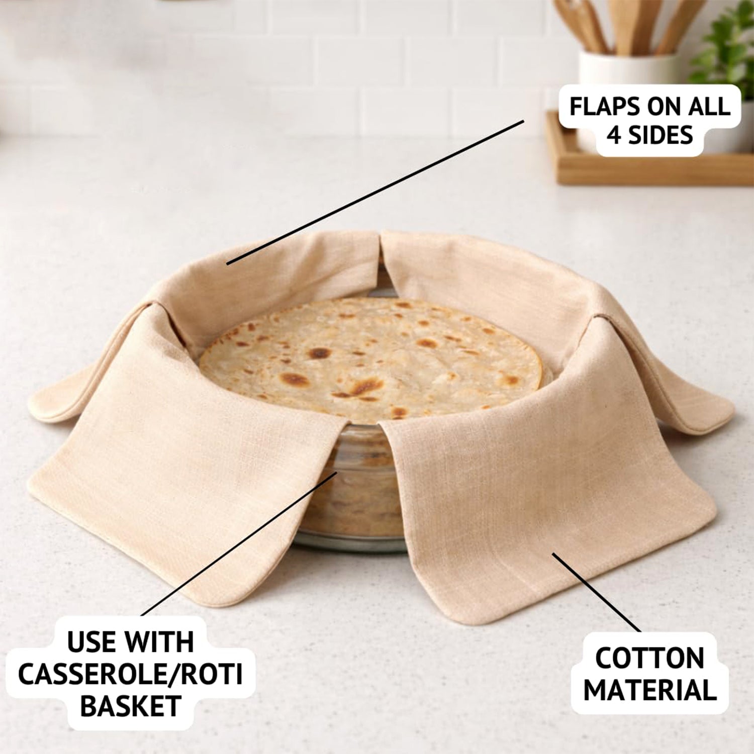 Wukusy pure cotton round roti cover cloth, 51x51 cm, used for keeping roti fresh and protected in the kitchen.